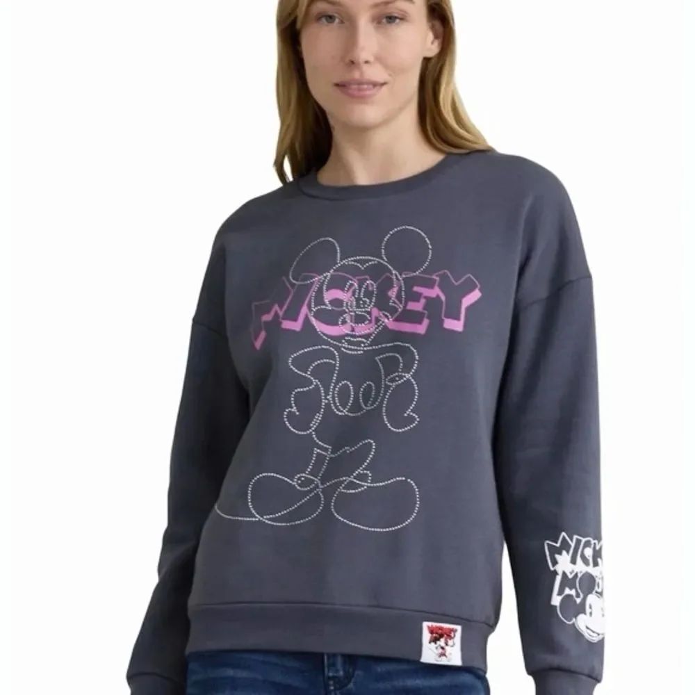 Mickey Mouse Women's Beaded Long Sleeve  Crew Neck Sweatshirt Gray Pink Size XL